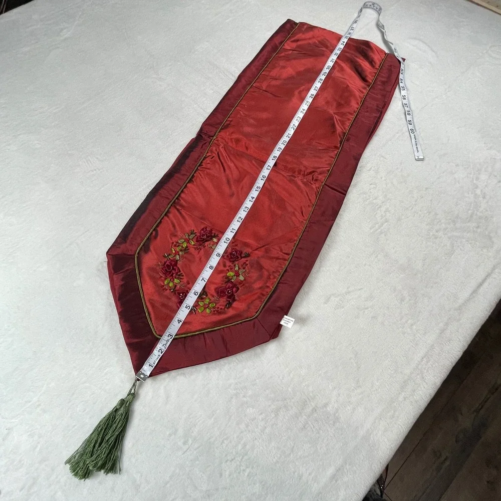 Burgundy Floral Embroidered Faux Silk Table Runner with Tassels 70 Inch Red